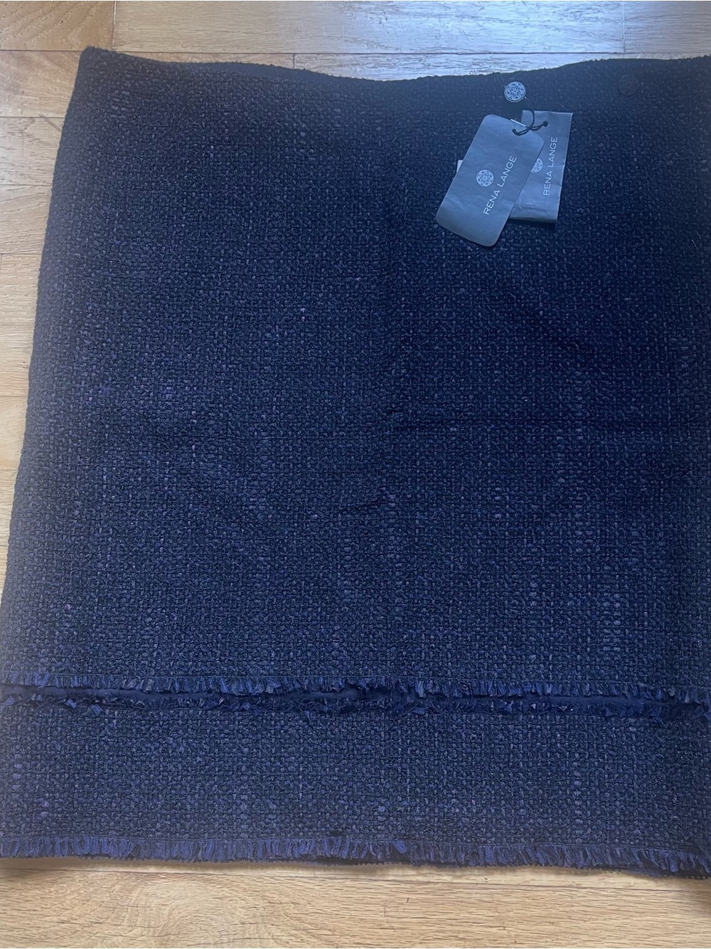 Rena Lange Dark Navy Tweed Textured Pencil Skirt with Fringe. S-14 - NWT